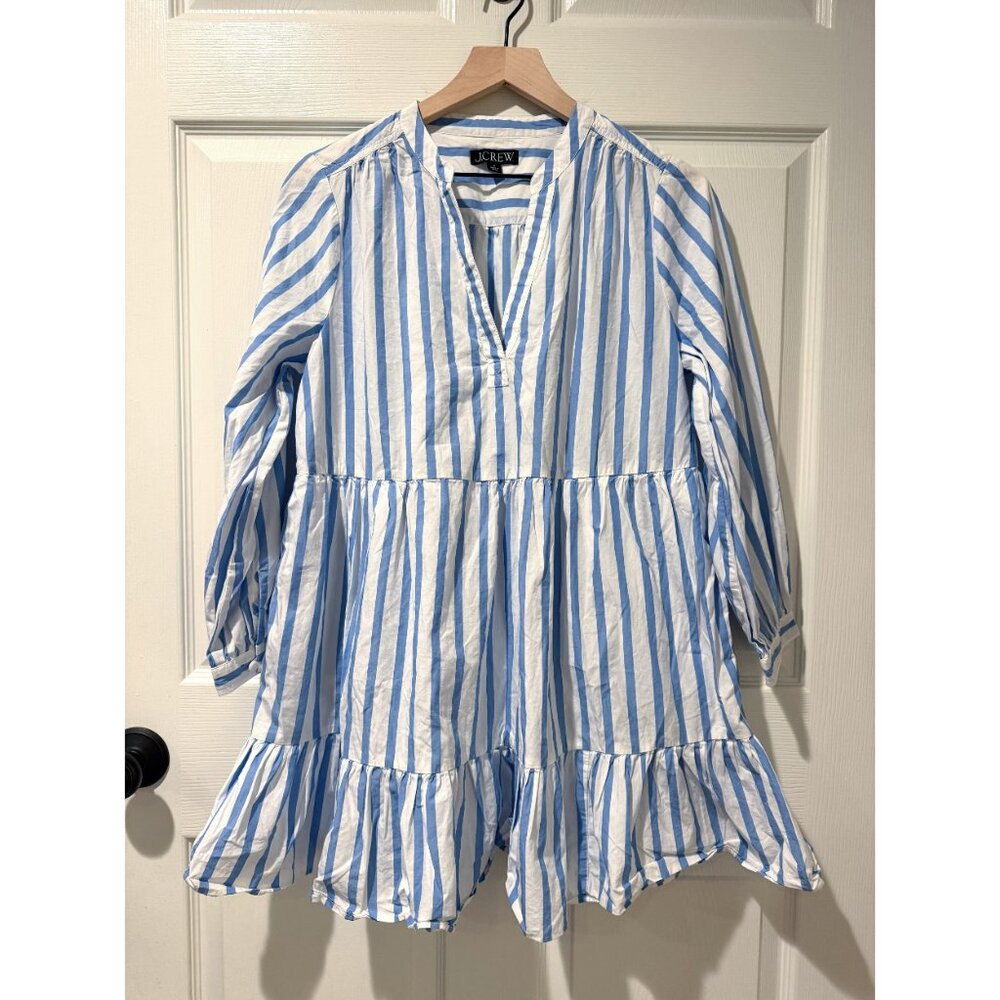 J.Crew Blue White Striped Cotton Poplin Tiered Pockets Coastal Casual Dress SM